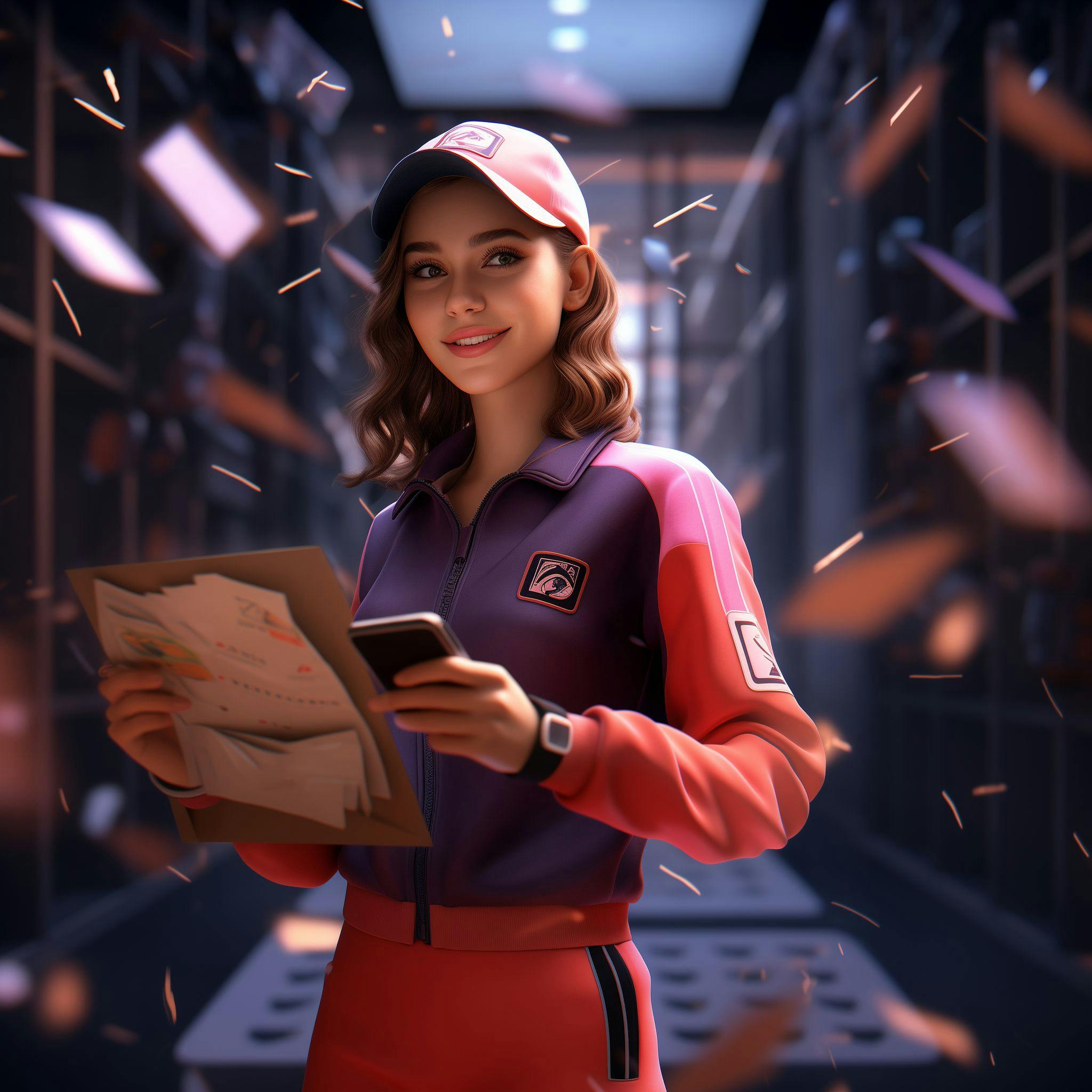 Image of a female postal worker ready to track parcels. With background.
